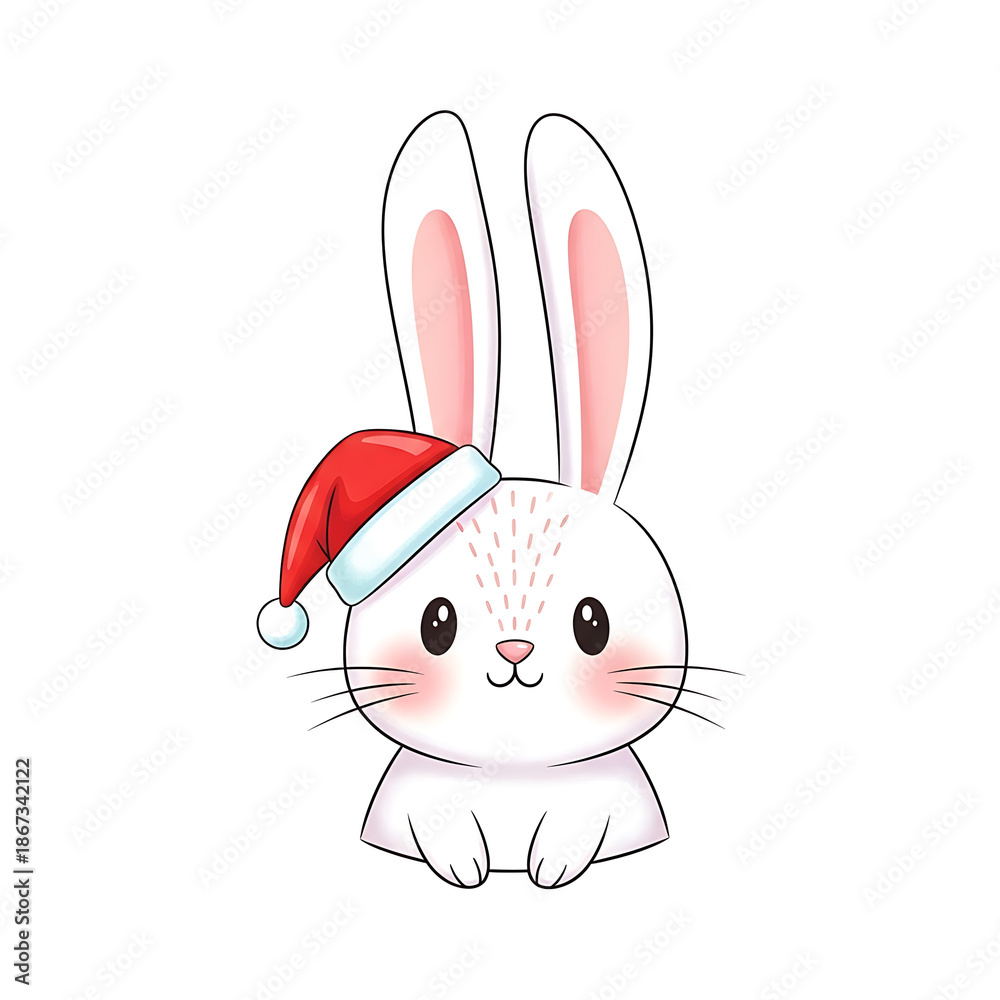 Fototapeta premium Cute white rabbit wearing Santa hat for Christmas celebration 