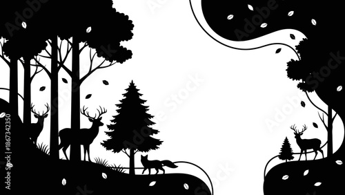 Black and White Silhouette of Deer and Forest, Creating a Serene and Timeless Visual Narrative