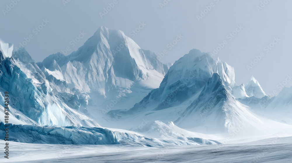Obraz premium Glacier mountain landscape icy blue frozen peaks winter panorama. Majestic snow covered terrain cold serene atmosphere. Arctic alpine wilderness dramatic vista pristine nature environment scene.