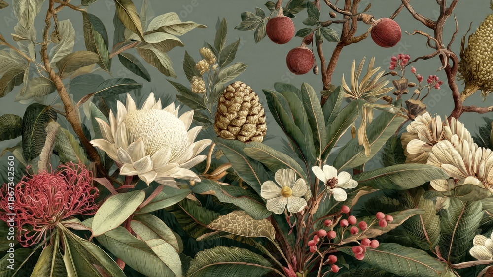Obraz premium Lush Vintage Botanical Wallpaper: Exotic Jungle Flora Illustration featuring Protea, Waratah, Tropical Leaves, and Pinecones in Rich Muted Green and Cream Tones