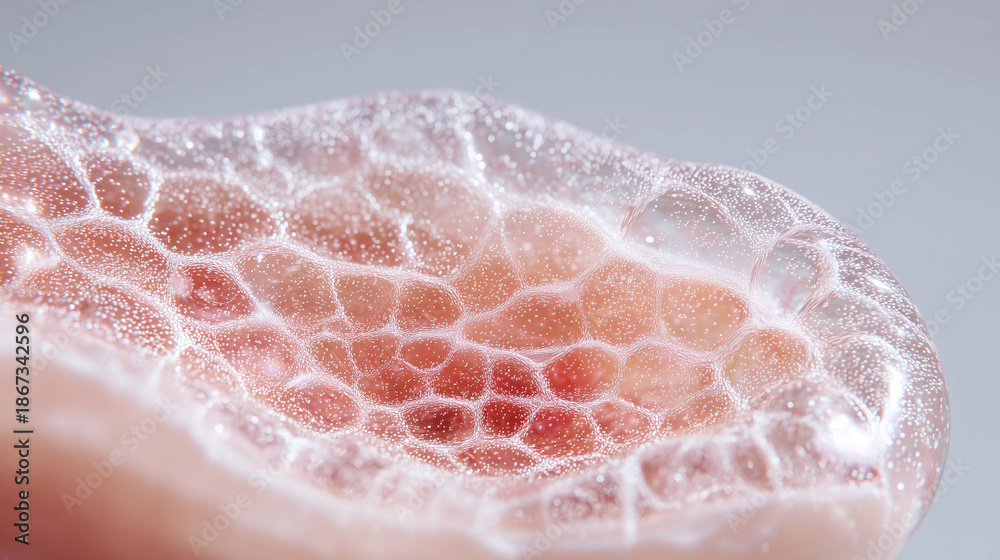 Fototapeta premium Artificial skin tissue cellular structure bioengineered for human transplantation. Synthetic epidermis membrane layer, regenerative medicine innovation, biotechnology scaffold for wound healing.