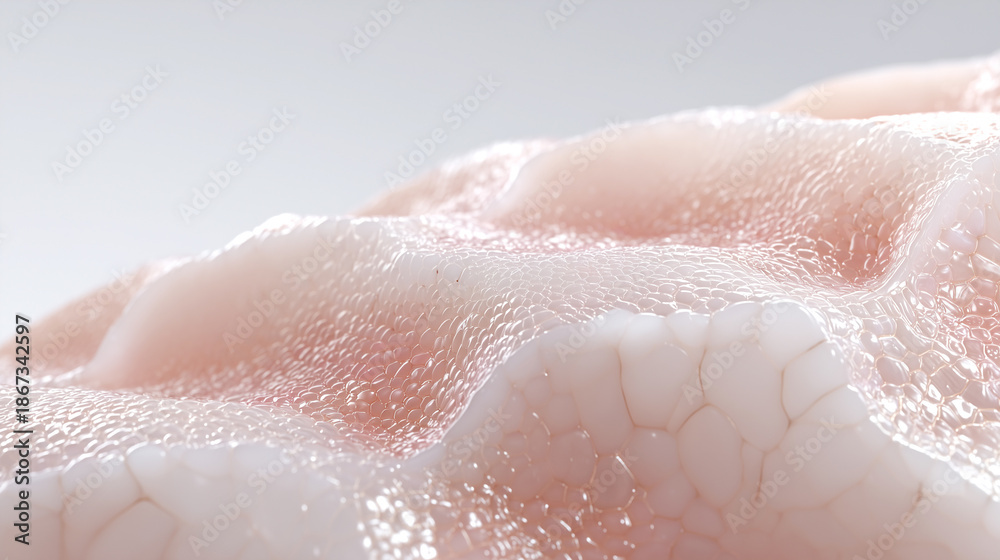 Fototapeta premium Artificial skin bioengineered tissue structure for human transplantation. Transparent synthetic epidermis layer with cellular texture, regenerative medicine and biotechnology for grafting.