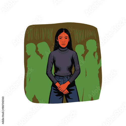 Woman standing confidently in front of a crowd of people.