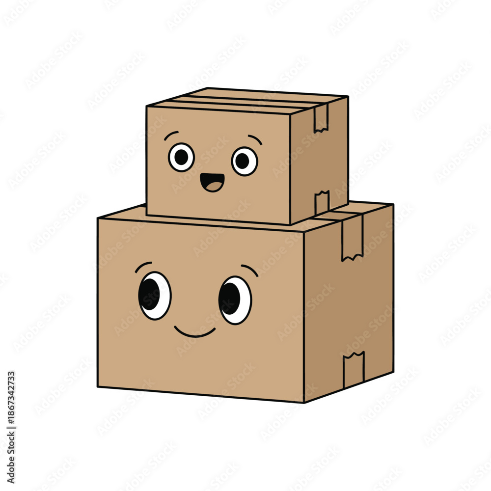 Obraz premium Two cartoon cardboard boxes stacked on top of each other with happy faces.