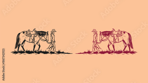 A cowboy leading a horse through the tall grass