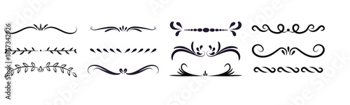 Collection of decorative ornate black and white dividers and borders with geometric shapes and swirls Vector illustration.