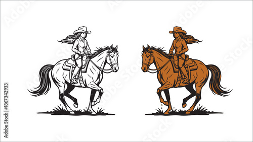 Cowgirl riding horse illustration in black and white and color
