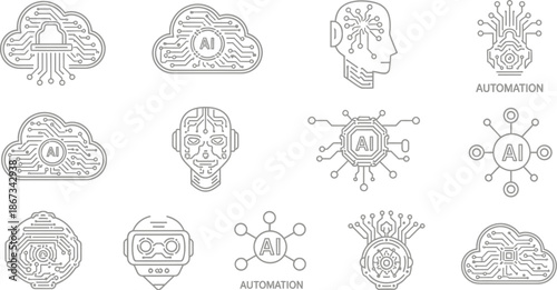 Collection of white line art icons representing various concepts of artificial intelligence cloud computing robotics and digital automation technology symbols set against a black background