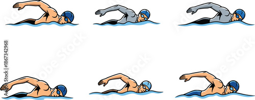 Freestyle swimmer illustration, swimming phases, arm motion, swim cap, goggles, water splash, technique demo, sports clipart, cartoon style, athletic pose
