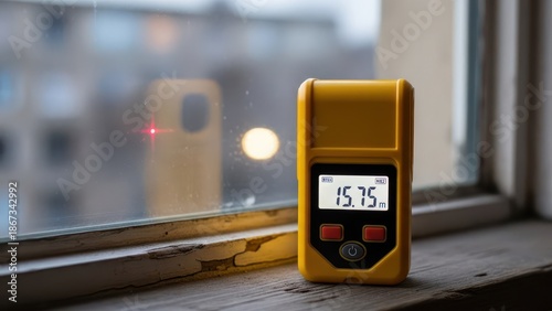 Yellow laser distance measurer placed on window sill with illuminated screen