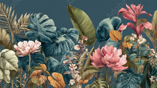 Moody Maximalist Tropical Floral Wallpaper Design Pink Peony Flowers and Blue Monstera Leaves