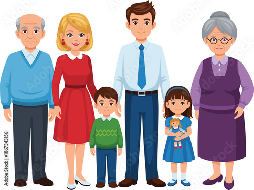 Happy multi generational family portrait with grandparents parents and children, smiling three generations family together, flat vector illustration character set