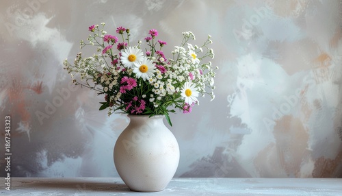 Beautiful bouquet of colorful flowers in white vase on table
