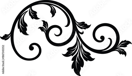 Black ornate floral swirl with leaves on white background