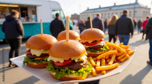 4 burgers and fries on a white tray in a man's house in the city in winter