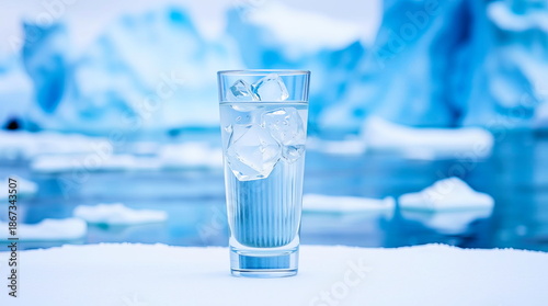 Water and ice cubes in a glass in the cold Arctic