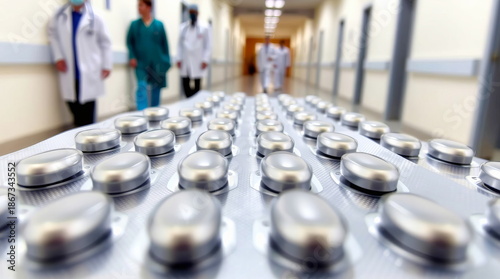 Medicines in a hospital ward against the backdrop of medical staff