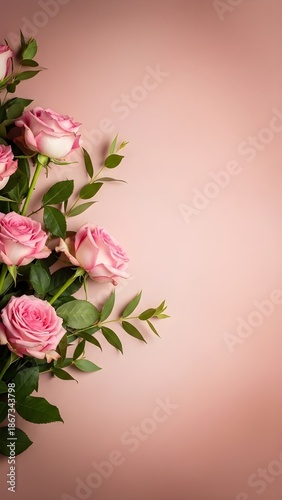 Happy valentine's day festival image with pink roses and green leaves