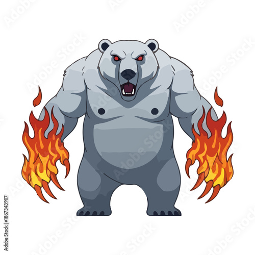 a scary polar bear with fiery paws and red eyes aggressive mascot character
