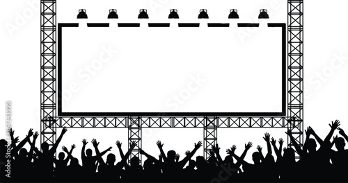 Large outdoor cinema screen silhouette with audience hands up, empty movie billboard on stage truss, concert event background, open air cinema vector, isolated