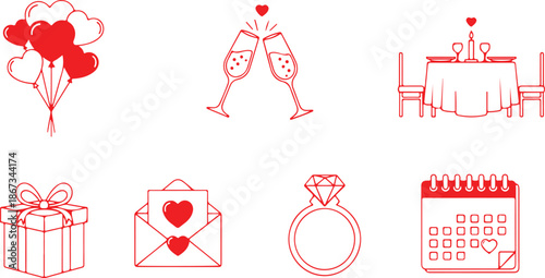 valentine’s Day icon pack representing love, dating, and celebration—heart balloons, champagne toast, romantic dinner symbols, gifts, love letters, engagement ring, and calendar reminder. 