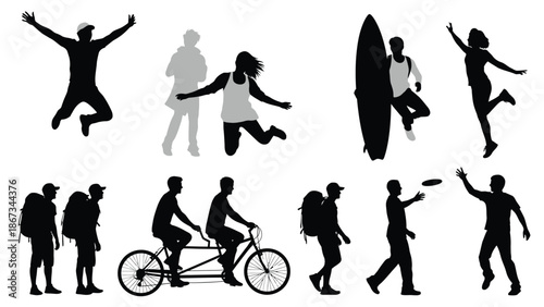 Collection of silhouettes of people engaging in various leisure activities such as running jumping cycling and playing sports on a white background