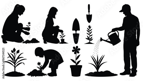 Silhouette illustration of people gardening with plants and tools on white background with flowers and watering and planting and shovel and spade