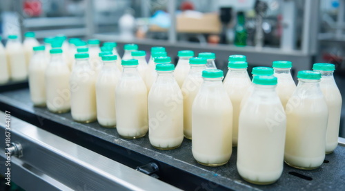 Bottles of milk with green caps stand on a conveyor belt at a dairy plant.