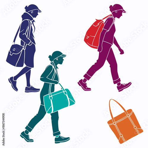 Silhouettes of people walking with bags
