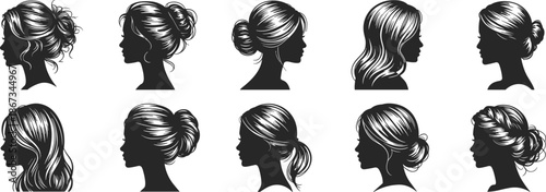 Women hairstyle silhouette set, female profile heads illustration, elegant hair bun ponytail waves vector collection isolated on white background