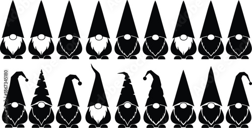 Cute gnome silhouette character set with pointed hats and beards, playful fantasy dwarf figures collection black vector illustration