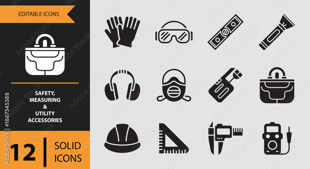 Fototapeta premium Safety, measuring, and utility accessories a collection of solid icons for various industries