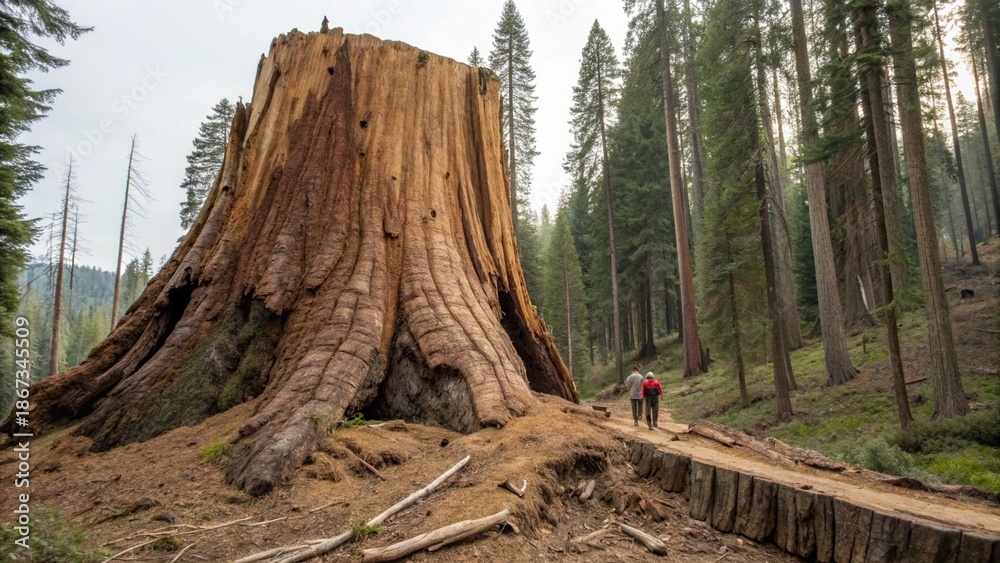 Fototapeta premium Massive Tree Stump Revealing Enormous Scale After Giant Forest Tree Was Cut Down