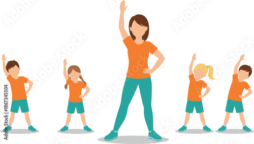 Vector Illustration of a Female Instructor Leading a Kids Fitness Class