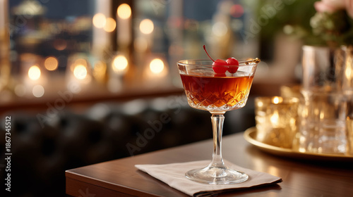 A classic Manhattan cocktail with maraschino cherry in a crystal coupe glass, backlit with warm golden bar lights and dark leather textures in background.