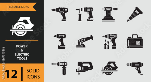 A versatile collection of 12 solid icons for various power and electric hand tools