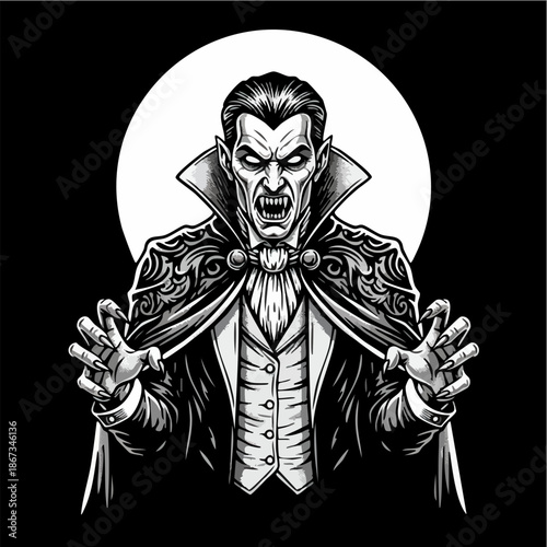 Detailed scary vampire illustration with cape and outstretched hands.