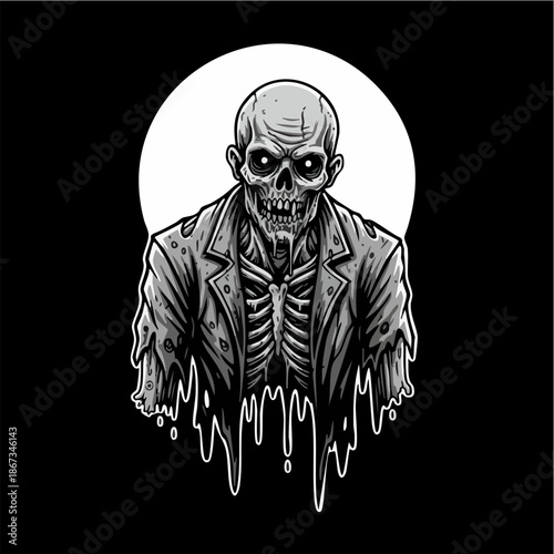 Creepy Zombie Skeleton Businessman in Decaying Suit Illustration