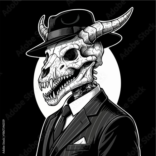 Monochrome Devil Skull Wearing Pinstripe Suit and Fedora Hat