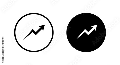 Upward zigzag arrow icon in black circle. Financial growth indicator, rising progress symbol