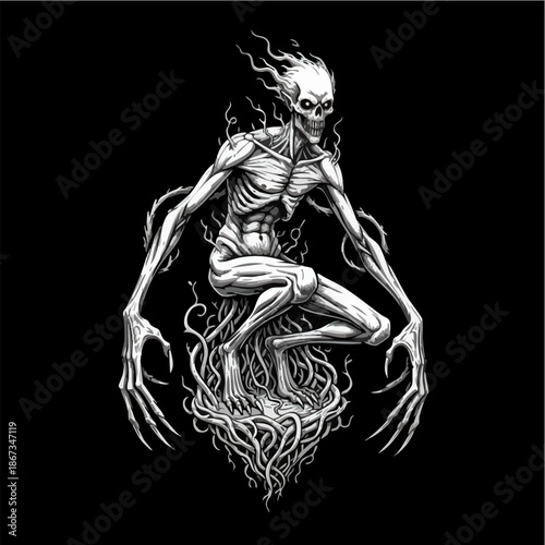 Dark Art Illustration of a Horror Demon Creature Emerging from Roots