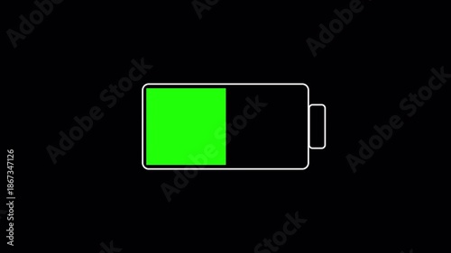 0 to 100% Battery full fast charging animation on black background with alpha channel in 4k.
