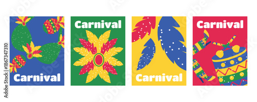 Set of greeting cards and banners for Brazilian Carnival with carnival costumes shoes musical instruments and feathers
