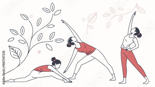 Graceful women practicing yoga poses with delicate botanical illustrations, promoting wellness and mindful movement.