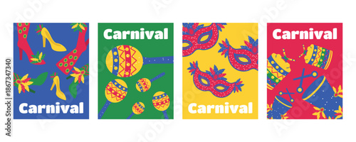 Set of greeting cards and banners for Brazilian Carnival with feathered masks costumes shoes musical instruments maracas and feathers