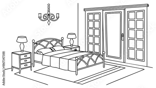 Cozy bedroom with elegant bed, bedside tables, and spacious wardrobe