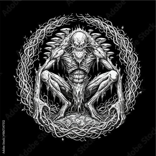 Gothic Demonic Entity Framed by Dark Twisted Roots