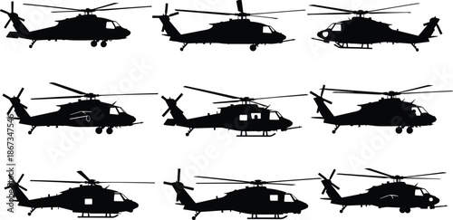 Military helicopter silhouette icon set showing different aircraft models in flight and landing positions, aviation defense illustration black vector