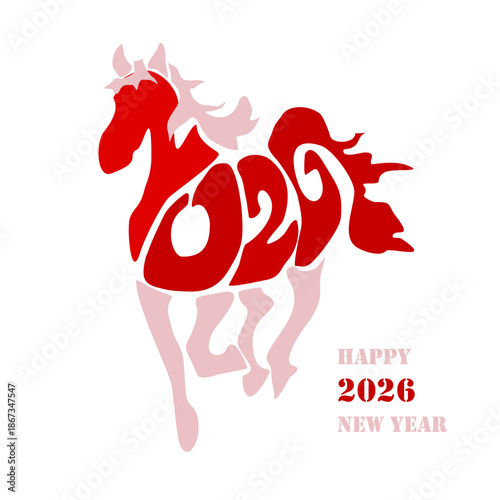 Holiday card Happy New Year 2026. Stylized image of a fire horse according to the Eastern Chinese calendar. Astrological New Year.	
