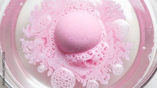 Pink bath bomb dissolving in water for relaxation and aromatherapy spa treatment at home for self care